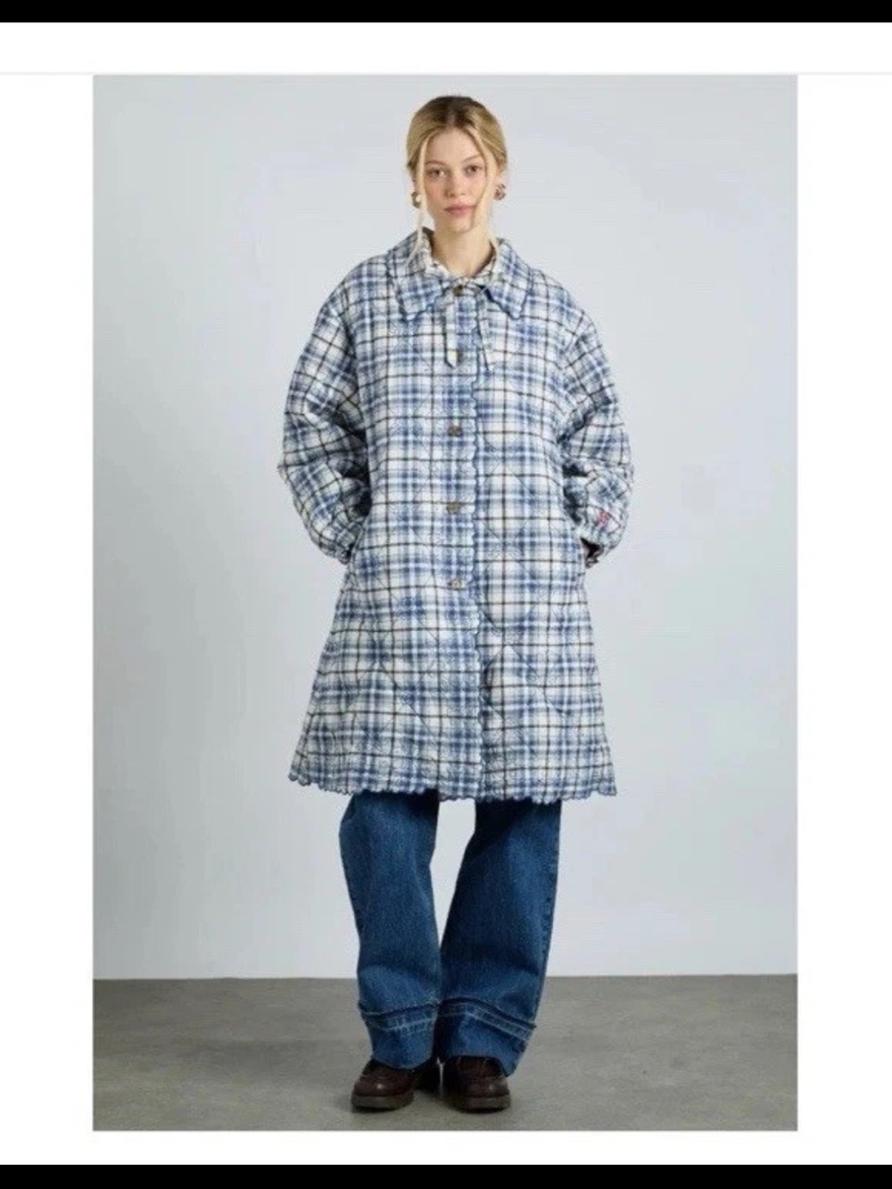 Damson Madder Audrey Plaid Quilted Coat in Blue Check - Picture 8 of 10